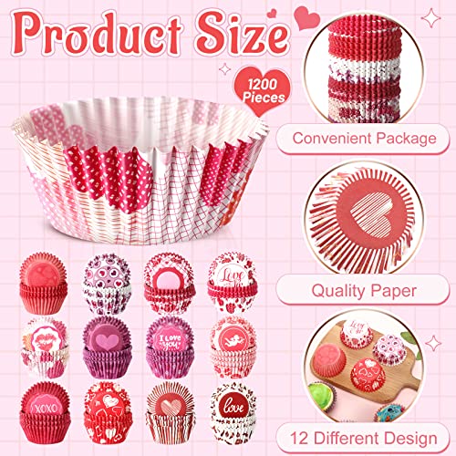 1200 Count Valentine's Day Cupcake Liners Heart Cupcake Baking Cups Paper Mini Cupcake Holder Candy Paper Wrappers For Valentine's Day Wedding Birthday Themed Holiday Party Supplies, 12 Styles #TOP1