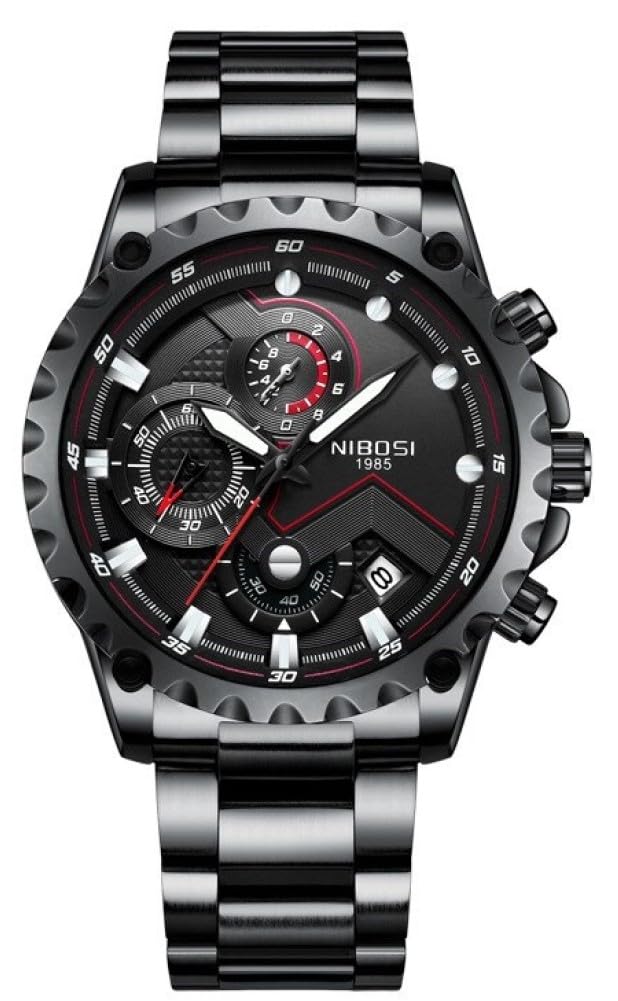 NIBOSI Chronograph Mens Stainless Steel Watch (Black Dial and Band) (B08D7Y1YJG) Amazon Price History, Amazon Price Tracker