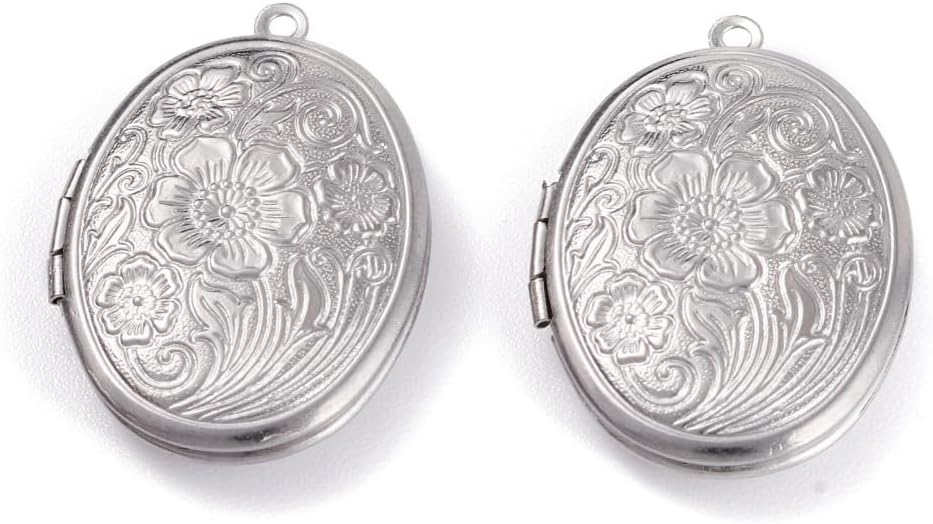50Pcs Stainless Steel Oval with Flower Locket Pendants Floral Photo Frame Charms for DIY Jewelry Necklace Bracelet Making