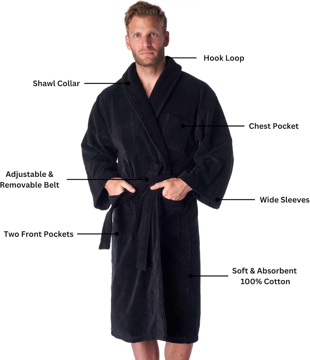 Alpine Swiss Pure Cotton Mens Terry Cloth Bathrobe Super Absorbent Spa Robe - Image 2