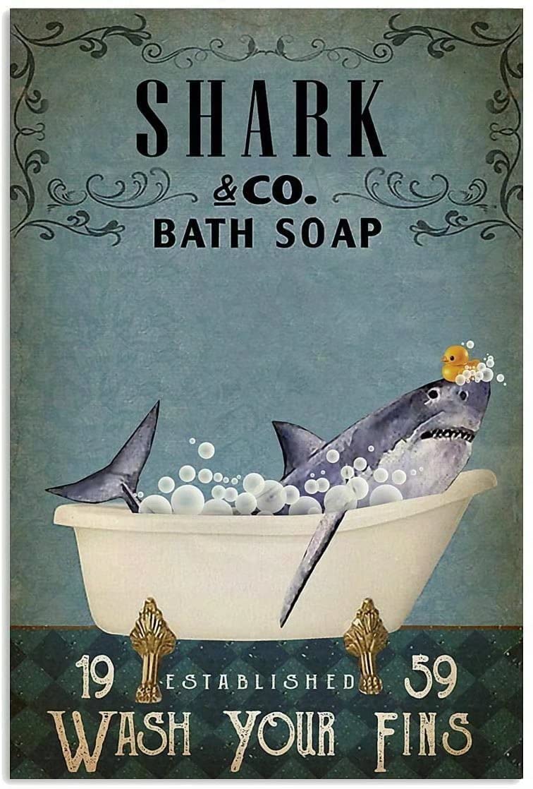 Shark Bath Soap Metal Signs, Fun Poster For Bar Kitchen Cafe Farmhouse Wall Decor 8x12inch