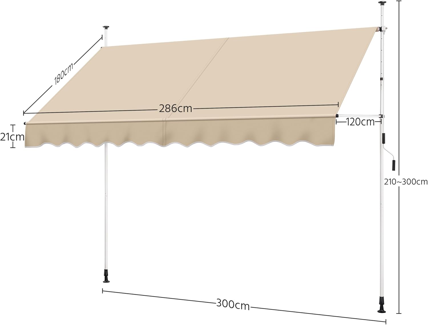 Diagram showing the dimensions of the awning and its components, including the adjustable height of the vertical poles (210-300 cm).