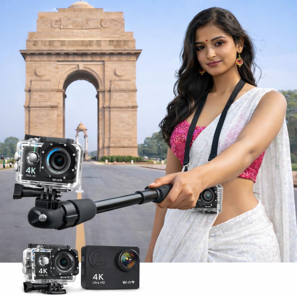 4K Action Camera 16MP with WiFi, 170° Wide Angle, Memory Card Support, Essential Accessories, for Vlogging and YouTube (Finish Black 1)