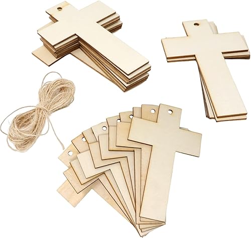yueton 24 adornos colgantes de madera en cruz, piezas de madera en blanco sin terminar, rebanadas de madera, adornos de virutas de madera, etiquetas