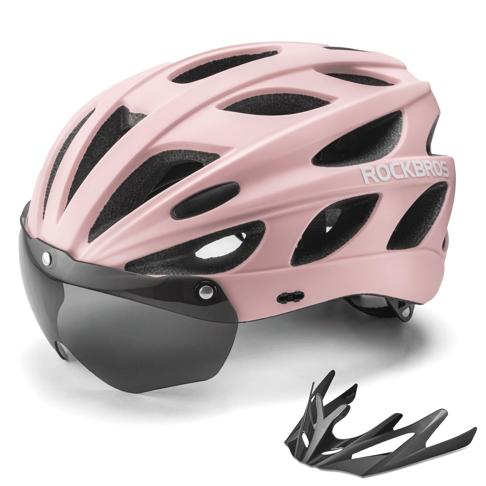 ROCKBROS Bike Helmet Adjustable Bicycle Helmet Lightweight with Detachable Magnetic Goggles Visor Adult MTB Road Bike Pink L