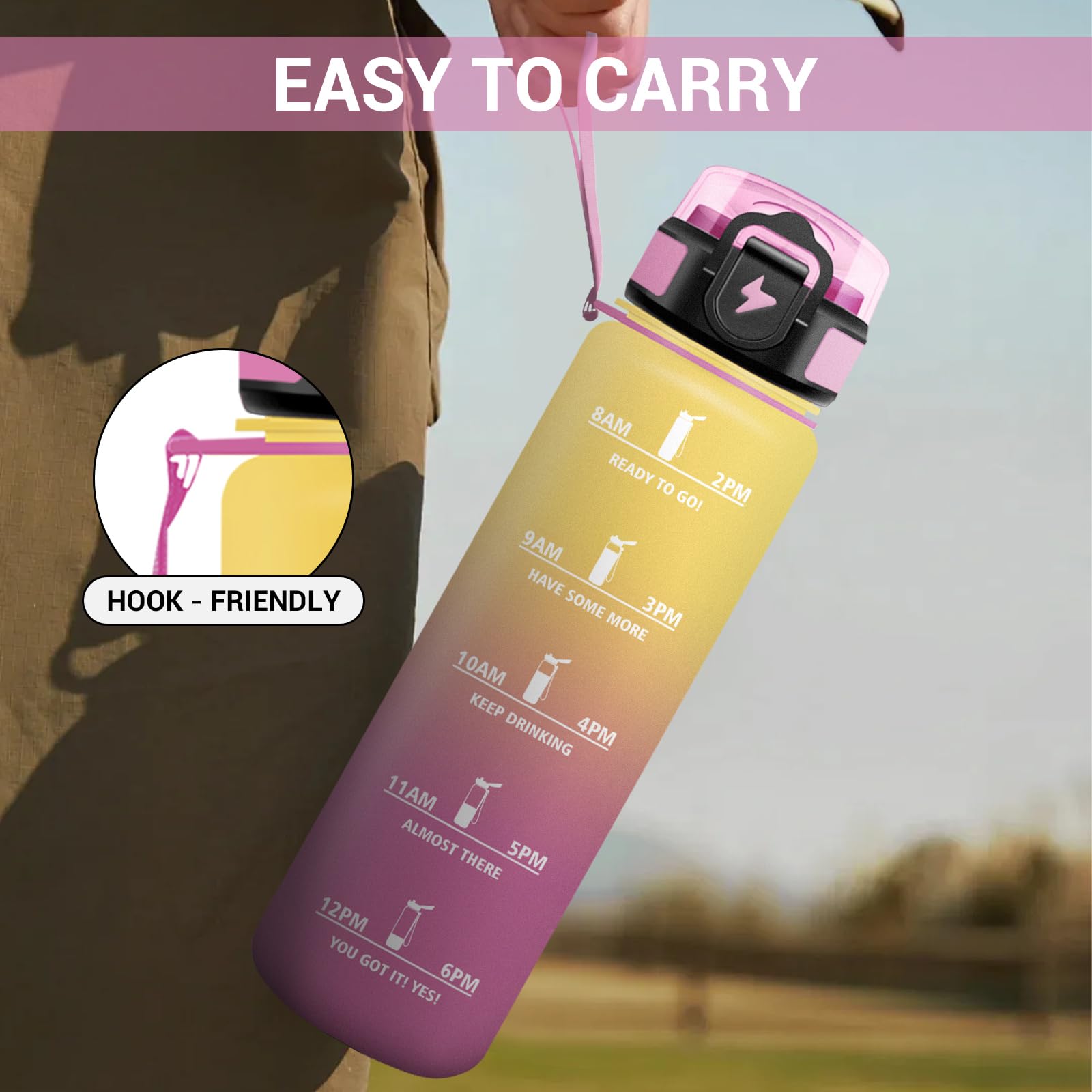 Borraccia Sportiva 1L, a Prova di Perdite, Facile da Aprire, Bottiglia Acqua Palestra con Indicatore del Tempo, Bottiglia con Cannuccia, Borraccia per Palestra, Corsa, Ufficio, Campeggio, Ciclismo