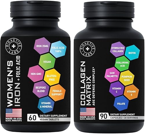 Complejo de colágeno Beauty y suplementos de hierro vegano para mujeres, paquete de defensa de la edad