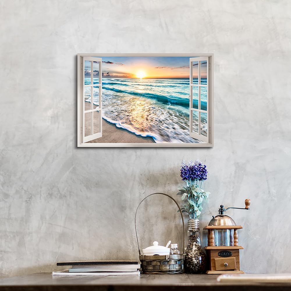 Hardy Gallery beach canvas window wall art: beach picture coastal artwork seascape ocean scene prints - looking out fake window wall decor for bathroom 12"x16"