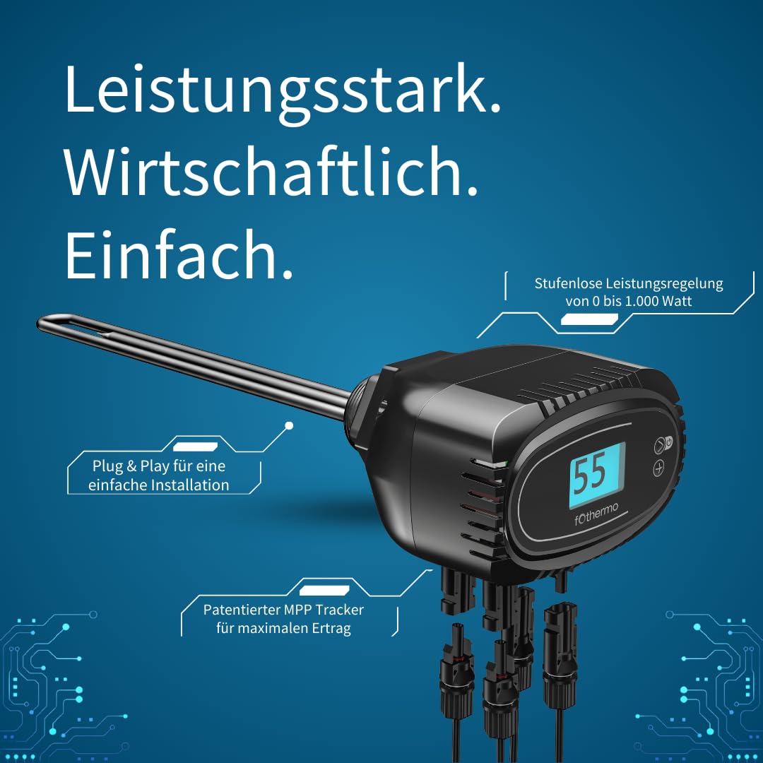 Fothermo® - 1.000 Watt Solarheizstab | 0–1.000 W stufenlos geregelter Photovoltaikheizstab inkl. Überschussnutzung | 6/4" Gewinde | Gleichstrom Heizstab