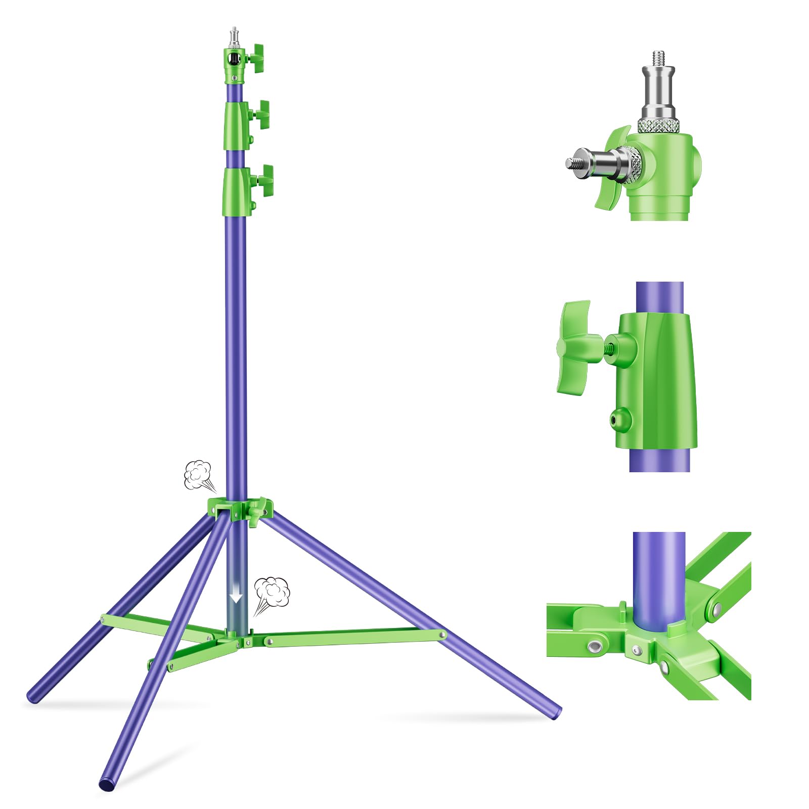 Soonpho Light Stand Pies Soporte Ligero de 280cm 9,1 Totalmente Metálico Amortiguador y Trípode Capacidad de Carga de 10kg para Fotografía en Exteriores y Retransmisiones en Directo (Morado&Verde)