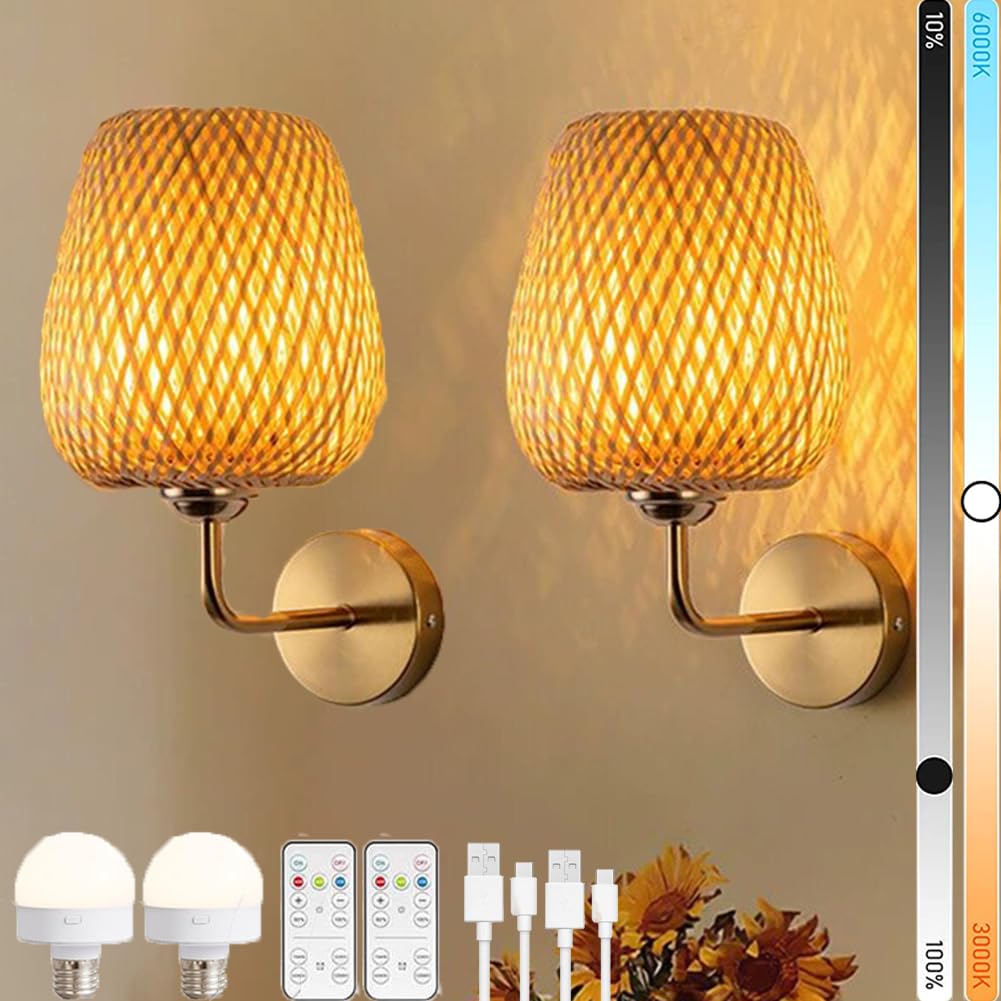 Lampa Ścienna LED Boho Wnętrze Złoto Ściemniacz Pilot Lampka Bohol Rattan Bez Podłączenia do Prądu Lampy Ściennej Retro Timer, 2 sztuki Bateria Lampa Salonowa Bambus Ręcznie Tkana USB Ładowalna