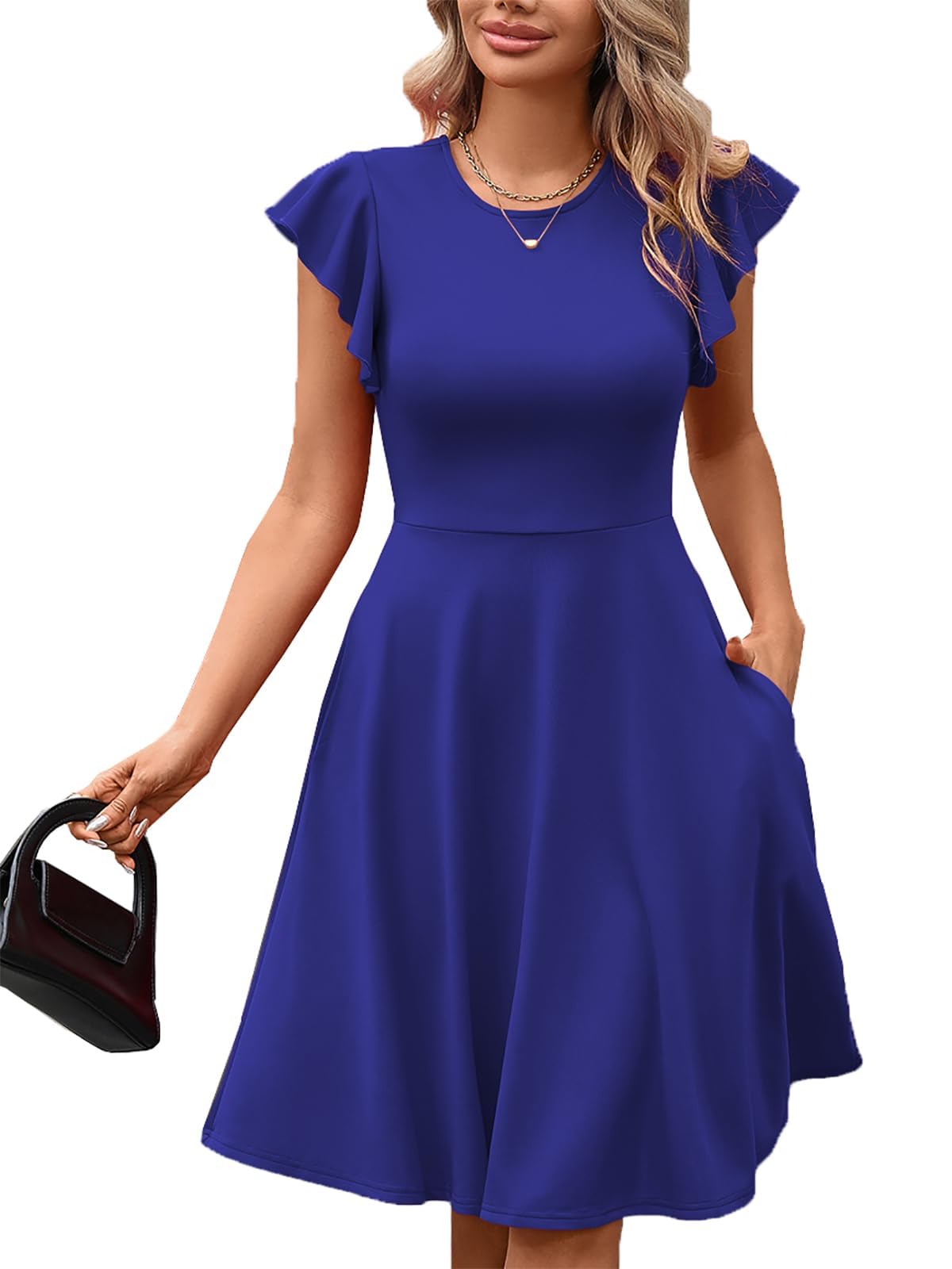 MSLG Women's Fit and Flare Ruffle Short Sleeves Dresses Work V-Back Cocktail Semi Formal A Line Dress with Pockets 842