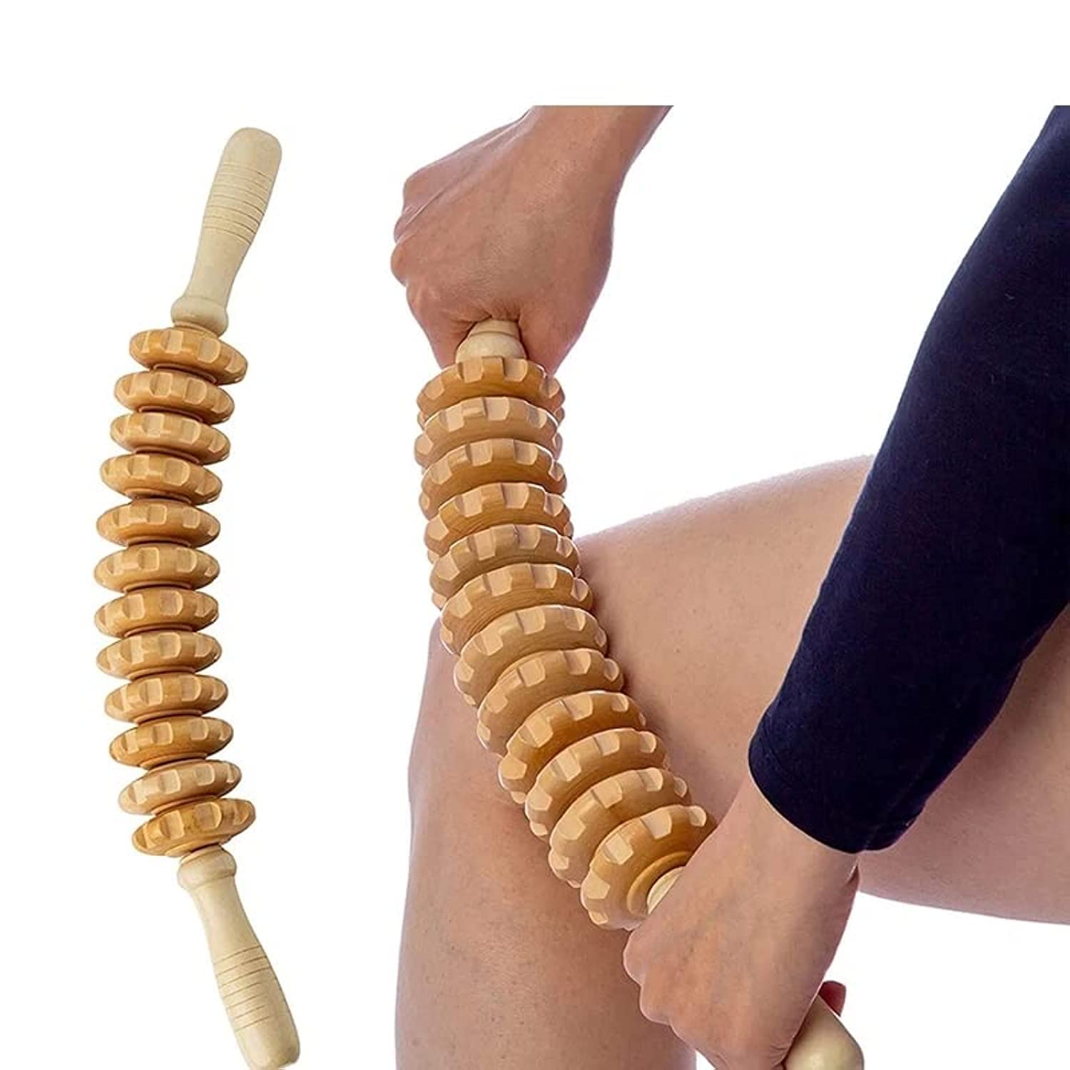 RUNZE Wooden Exercise Roller 12 Wheel Shaft Whole Body Massage Roller, Pounded Waist Back Massage Neck Leg Wooden Massager