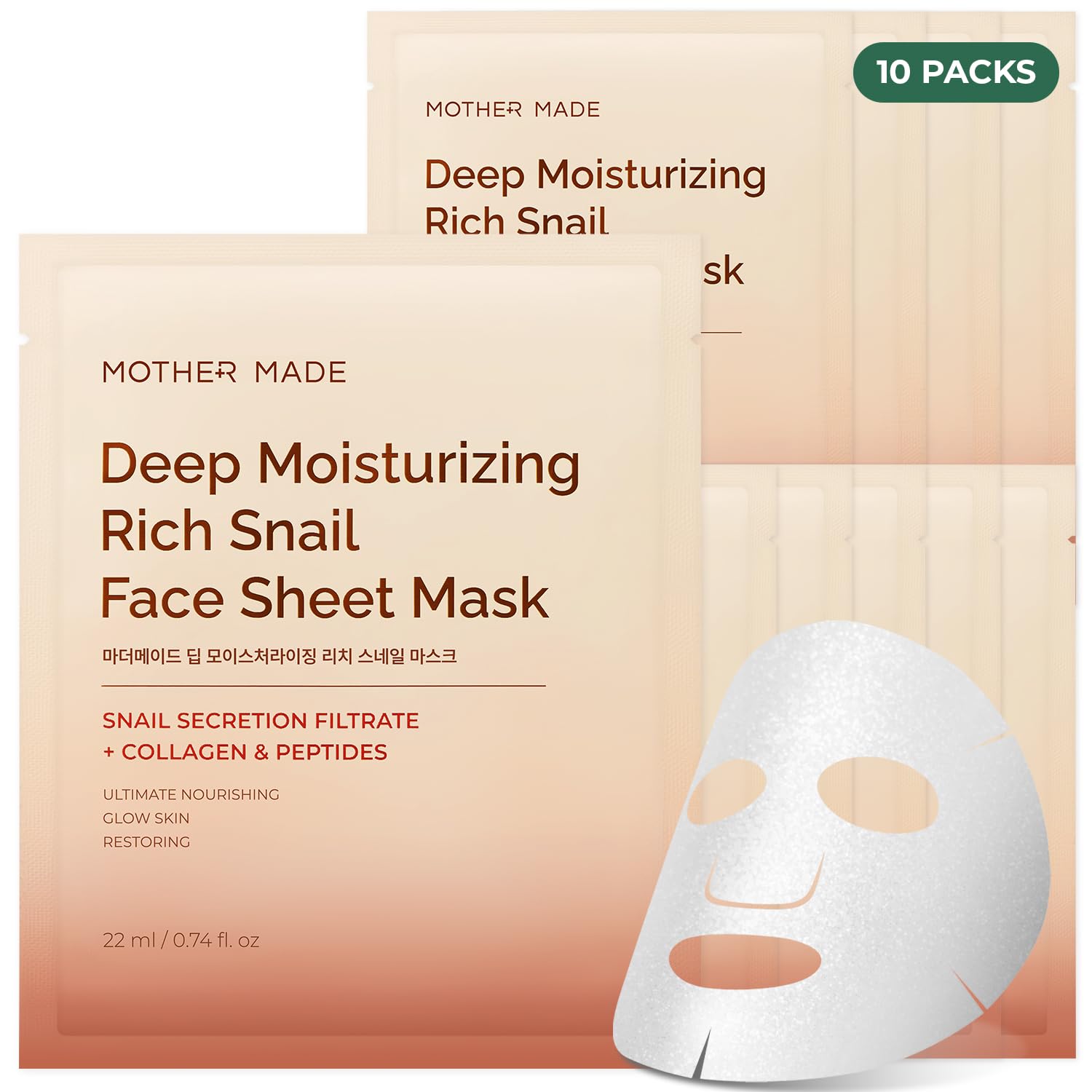 MOTHER MADE Snail Face Mask With Niacinamide 2% & Vitamin E, Collagen Sheet 10 EA, For Dry & Sensitive Skin, Mascarillas Para La Cara, Hyaluronic Acid, Korean Skincare