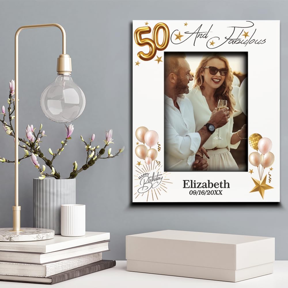 BELLA BUSTA-Personalize-50 and Fabulous-Happy Fifty Birthday Keepsake For Friends, Women, Men, Wife, Husband, Mom, Dad-UV Print Picture Frame (5x7 Vertical)