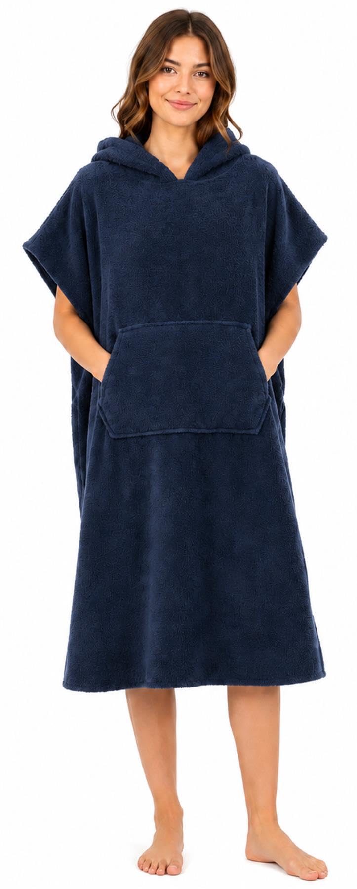 Adore Home Adults Hooded 100% Cotton Changing Robe with Pocket Beach Terry Towelling Poncho Towel Swimming Surf, S/M, Navy