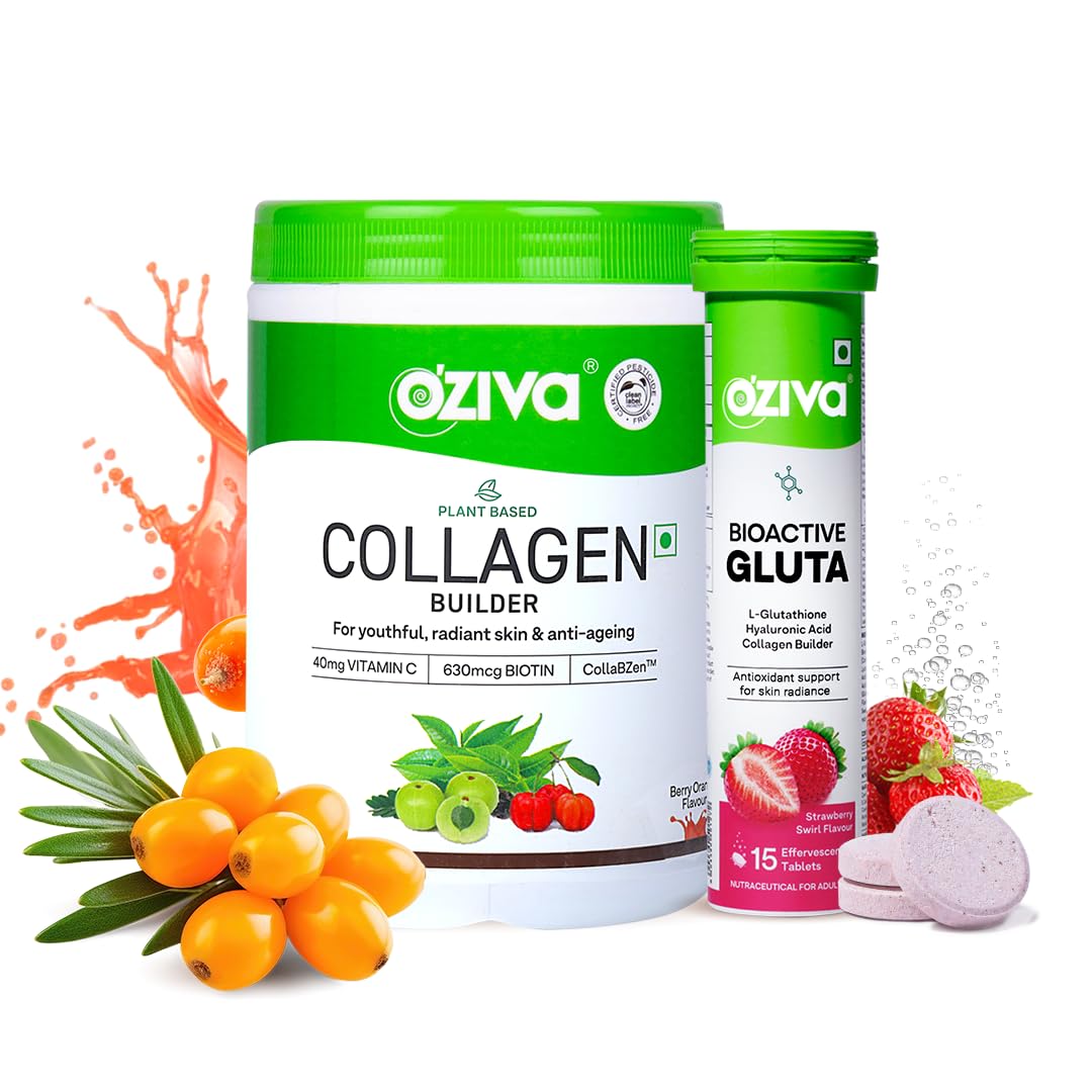 OZiva Vegan Collagen (Berry Orange) for Skin, Hair & Nails 200g and OZiva Bioactive Glutathione Tablets for Radiant Skin | L-Glutathione, Lycopene | Strawberry