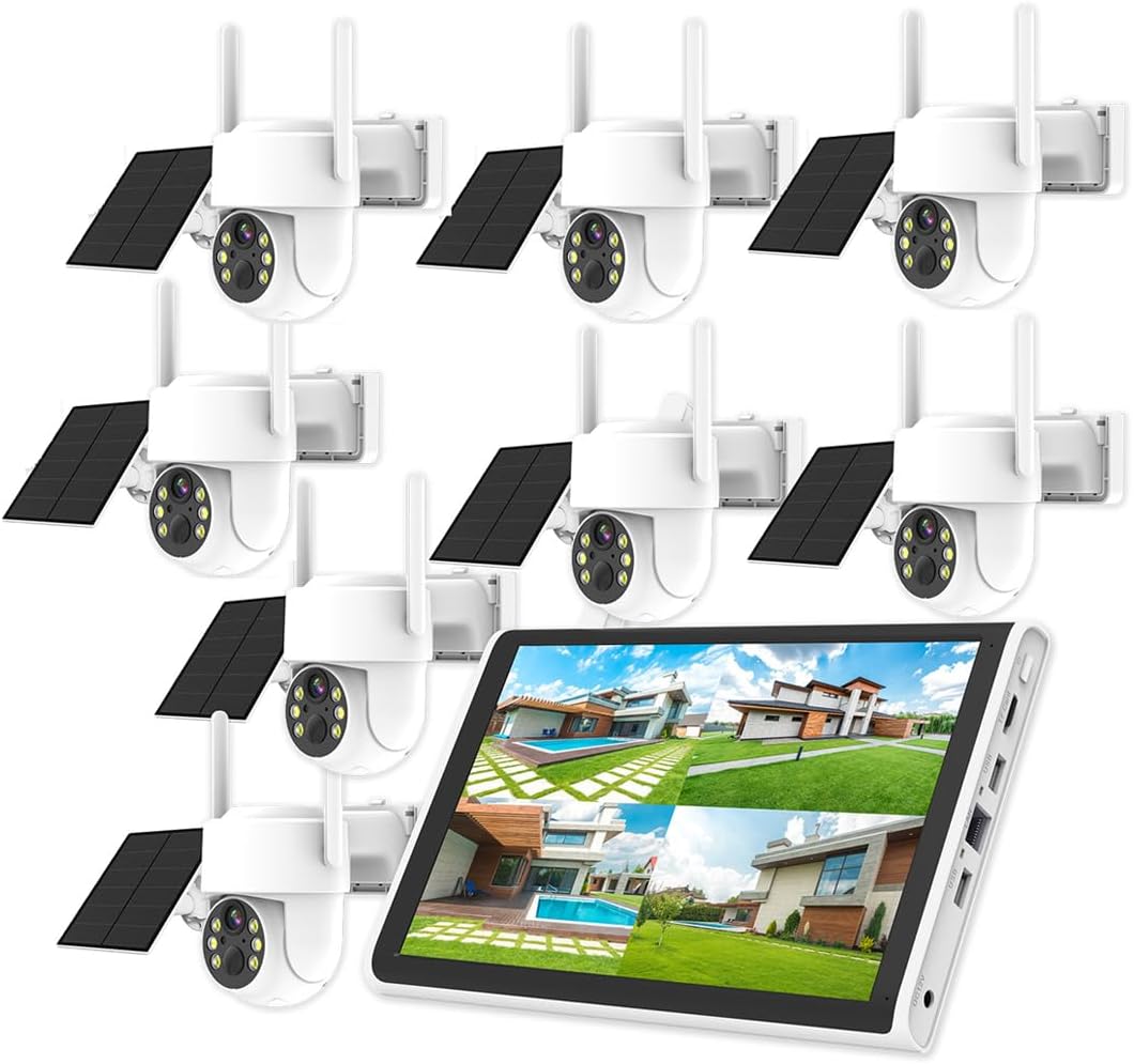 AKAVIG 8CH 4MP Solar Wireless Security Camera System, Outdoor NVR Kit with 10.1" LCD Monitor, 2-Way Audio, Color Night Vision, Motion Detection, IP66 Weatherproof, for Home/Business