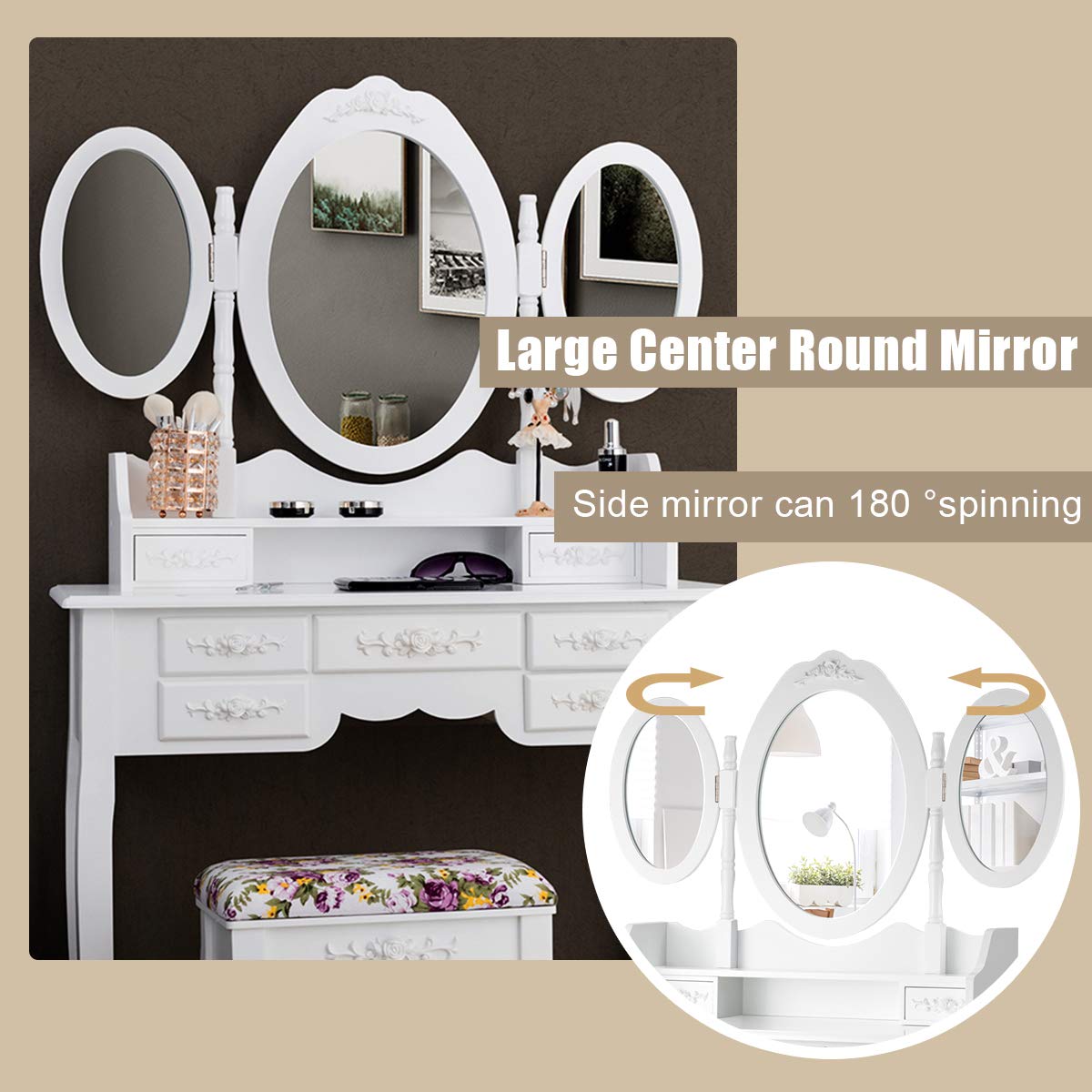 white christmas dresses Acena 7-drawer Glass Top Vanity Desk with Lighting White main image 1