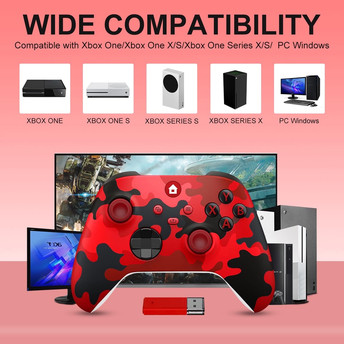 SWCTIM Xbox Controller Wireless für Xbox One, Xbox Series X/S, 3.5mm Kopfhörerbuchse, 2.4GHz Wireless Adapter, Camo Rot