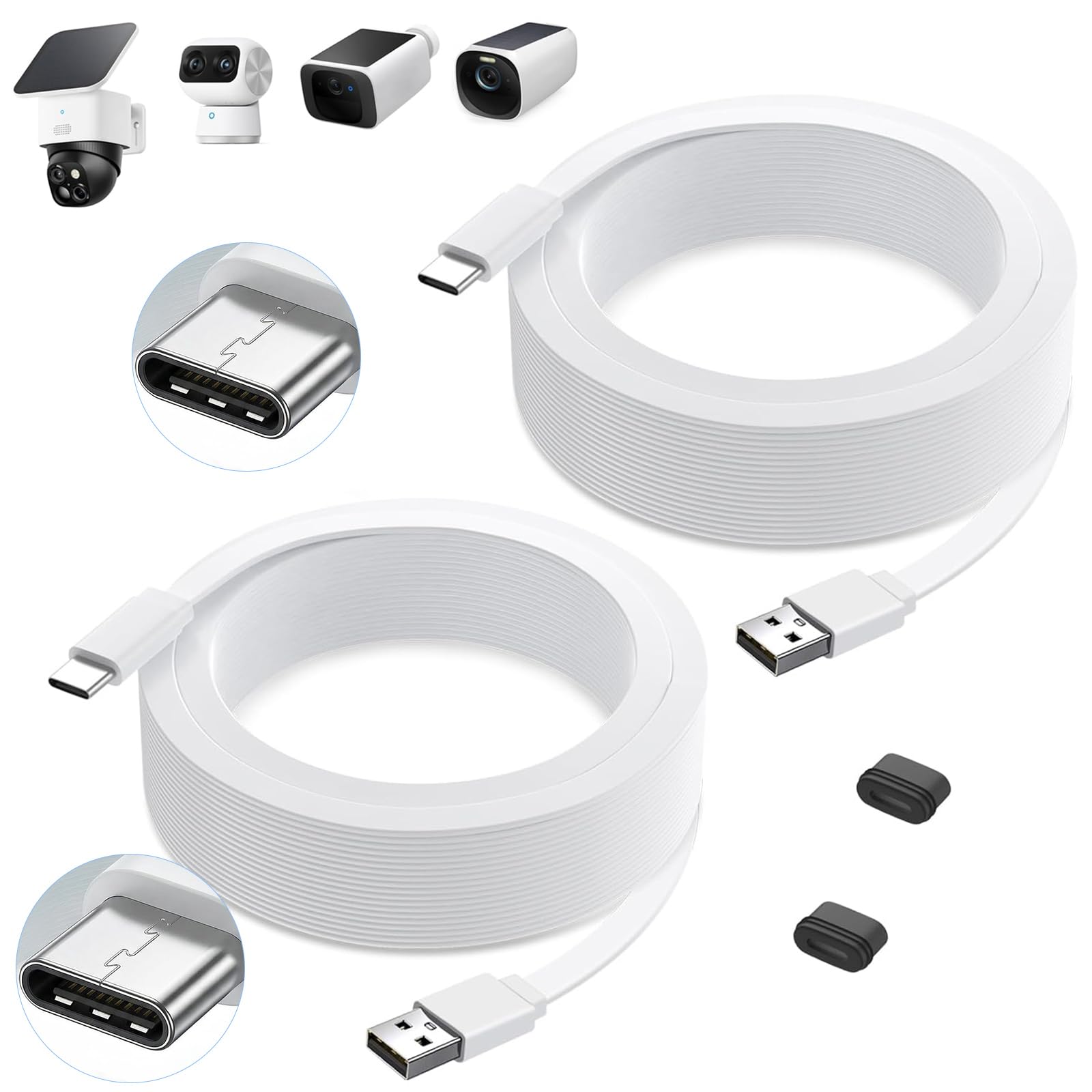 2Pack Power Cable for eufy SoloCam S220/S340, C210, USB Type-C Extension Cable for eufyCam 3/S330, 3C/S300, Weatherproof Flat Charging Cord for eufy Indoor Cam S350/C220/C210, Indoor Outdoor Use