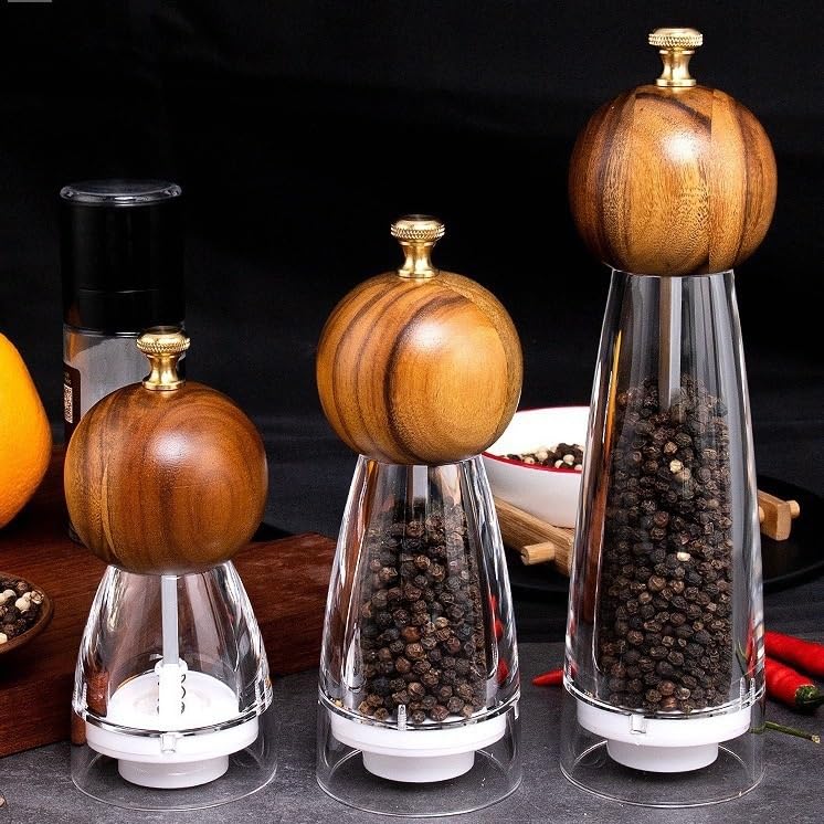 Macina Pepe Saliera Macinapepe in Legno di Acacia con Bottiglia acrilica, Adatto for Cucina Domestica, Ristorante, riunioni all'aperto(6in)
