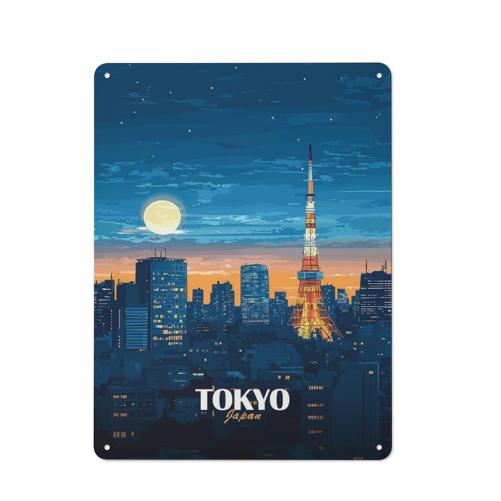 Junmoney Style-15 Metal Wall Sign 40X30cm Featuring Tokyo Japan Cityscape At Night For Workshop Wall, For Vintage Wall Decor Fans, For Kitchen And Home Bar Decor