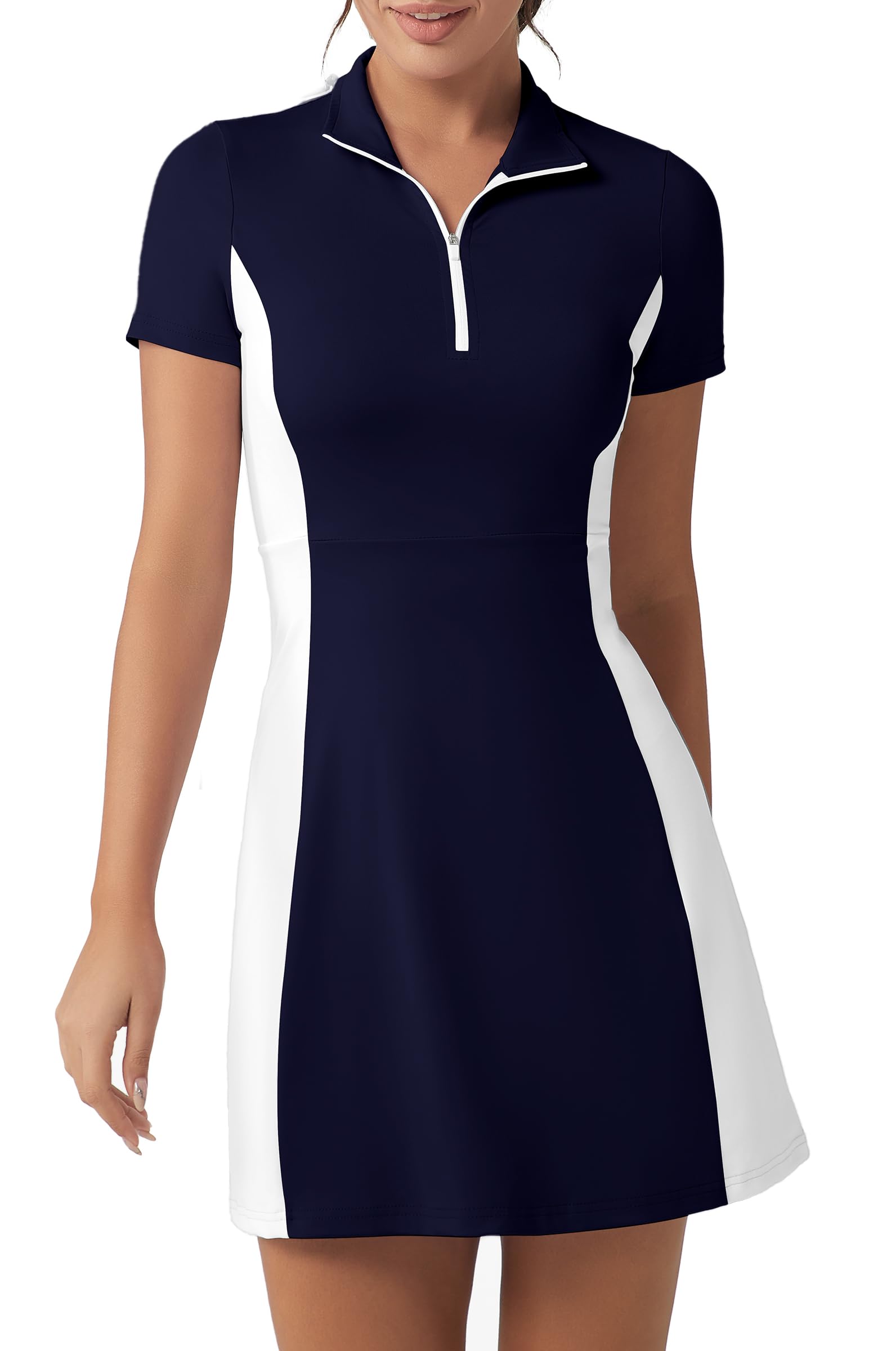 FKEEP Golf Tennis Dress with Shorts Womens Polo Neck Athletic Workout Golf Dress Casual Sleeveless Colorblock Dress, Navy Blue and White, XS