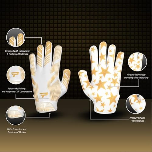 Playeur Star Pro 3.0 Football Gloves With Grippro Technology Extra Tacky Silicone Palm Receiver Lightweight, Perforated And Skin Fit Stylish Adult Youth Football Gloves (White & Gold, Youth Xs/S) #TOP3