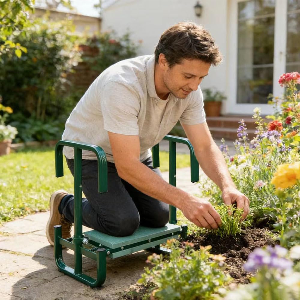 Banc de Jardinage Pliable 2 en 1, 60x52x27cm Tabouret Agenouilloir de Jardin, Tabourets de Jardinage, Repose Genoux Jardin, avec Pochette de Rangement avec Coussin Doux en EVA (Vert)