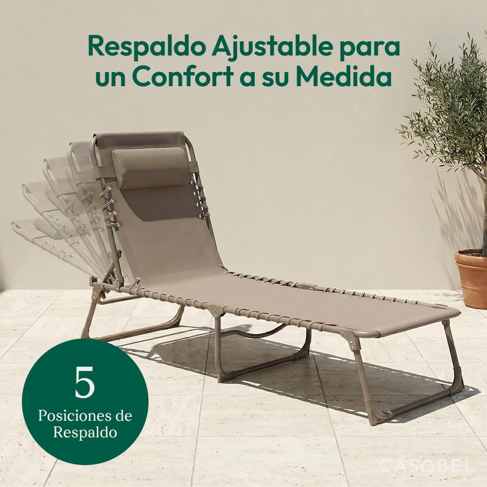 CASABEL Tumbona Plegable, Tumbona Jardín Resistente y Cómoda, Estructura de Acero y Tela Textilene, Silla para Camping, Terraza, Piscina o Playa, Color Topo