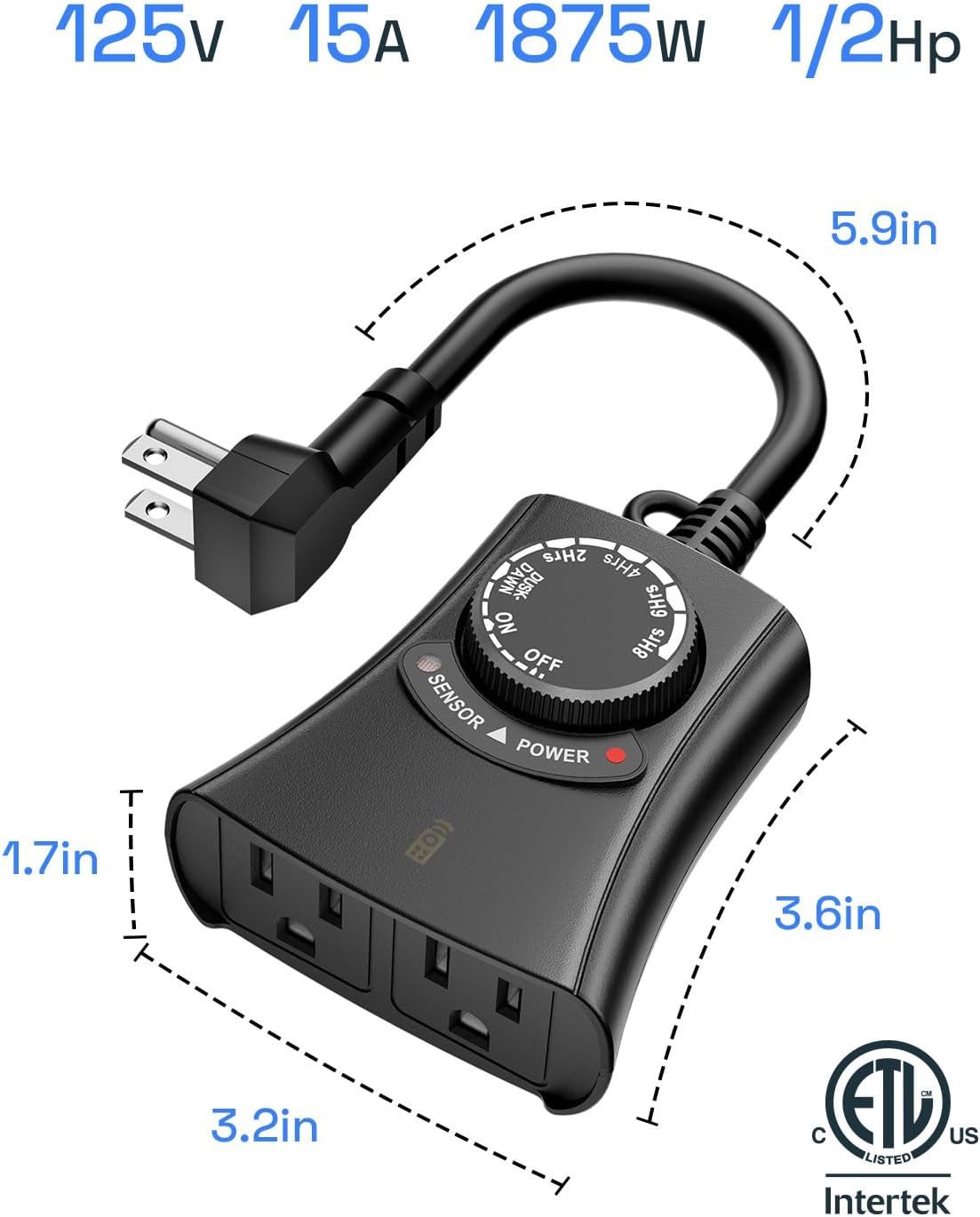 HBN Outdoor Remote Control Outlet,Waterproof Light Timer 2 Grounded Outlet | 100 ft RF range; dusk-to-dawn and 2/4/6/8H modes; for Christmas lights, Helloween Decor, pumps, sprinklers and fountains