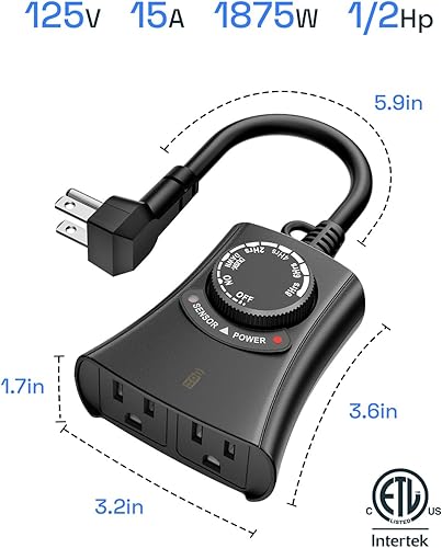 Vista 7 de HBN Temporizador de luz exterior con control remoto, temporizador de sensor de luz impermeable, rango inalámbrico de 100 pies, 2 tomas de tierra