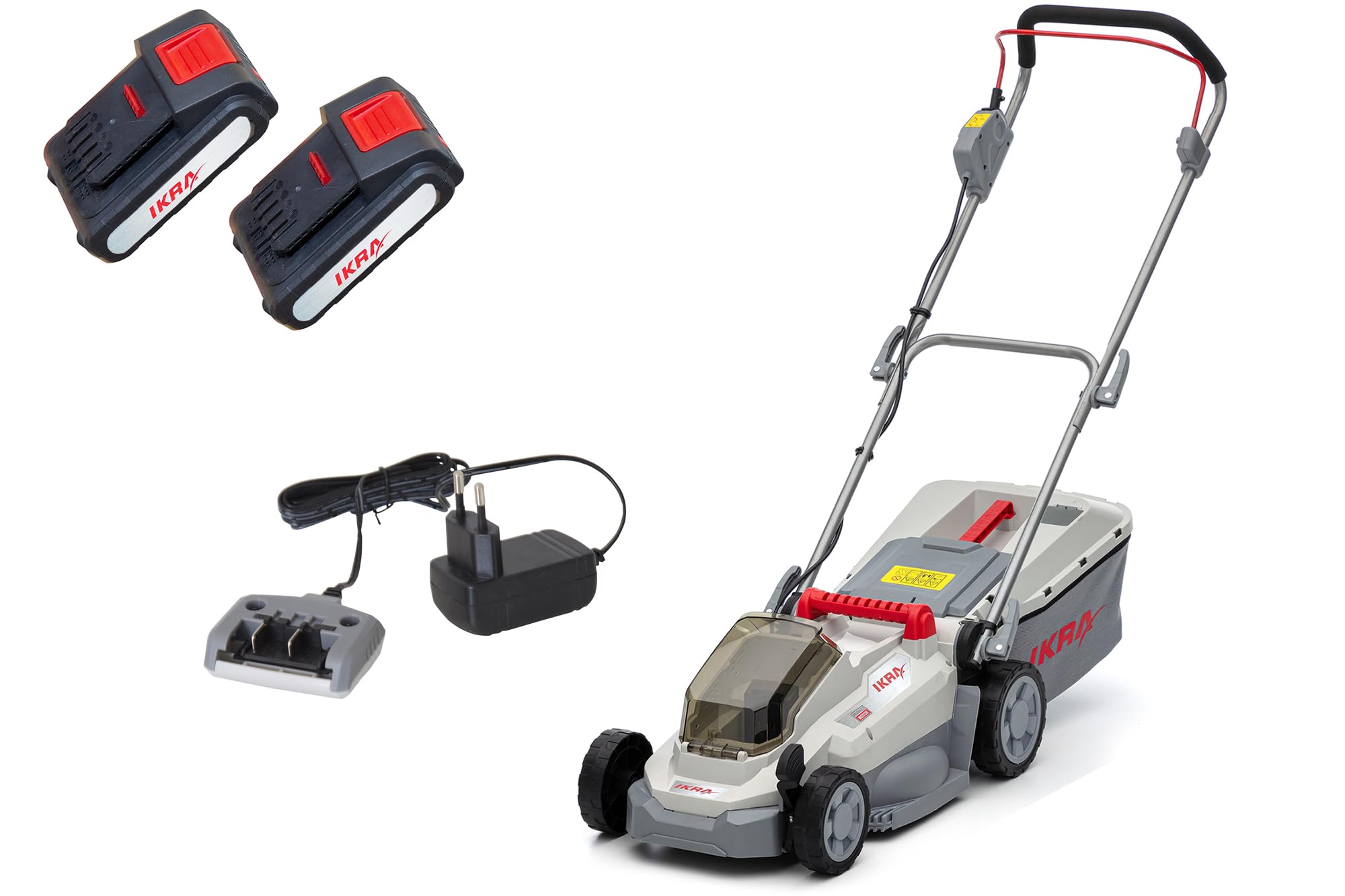 IKRA cortacésped ICM 2033, Ancho 33 cm, Incl. 2 baterías de 20 V y Cargador | Altura de corte de 25-75 mm, cortacésped mulching para céspedes de hasta 150 m², bolsa 30 l, gama de baterías de 20V de IKRA