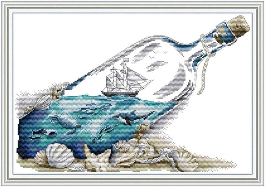 CaptainCrafts Cross Stitch Kits, Stamped Cross Stitch Preprinted Fabric Cross Stitch DIY Art Embroidery Kits for Adults (Stamped 11CT, Sea in a Bottle)