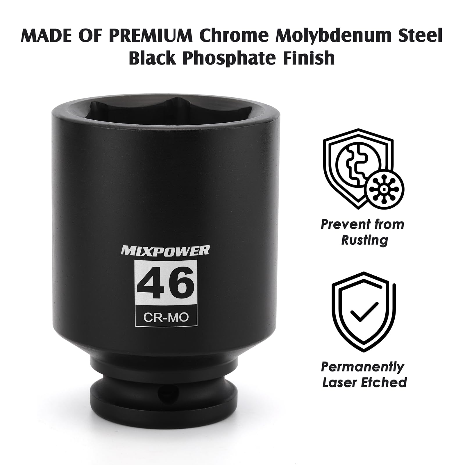 MIXPOWER 3/4" Drive Deep Impact Socket, 46mm, CR-MO, Metric, 6 Point, Axle Nut Impact Grade Socket for Easy Removal - Image 3