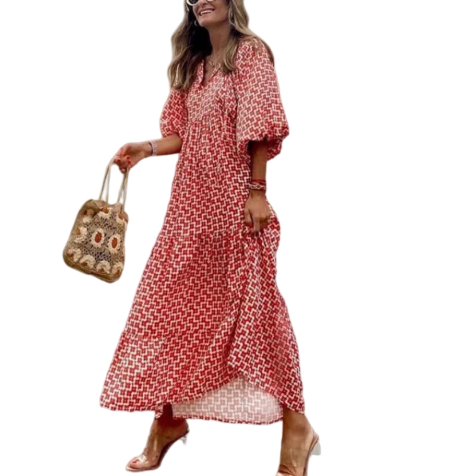 Vestido Largo de otoño de Escote en V con Mangas abullonadas y Multicolor Estampado(Rojo-B,as4,Alpha,m,Regular,Regular)