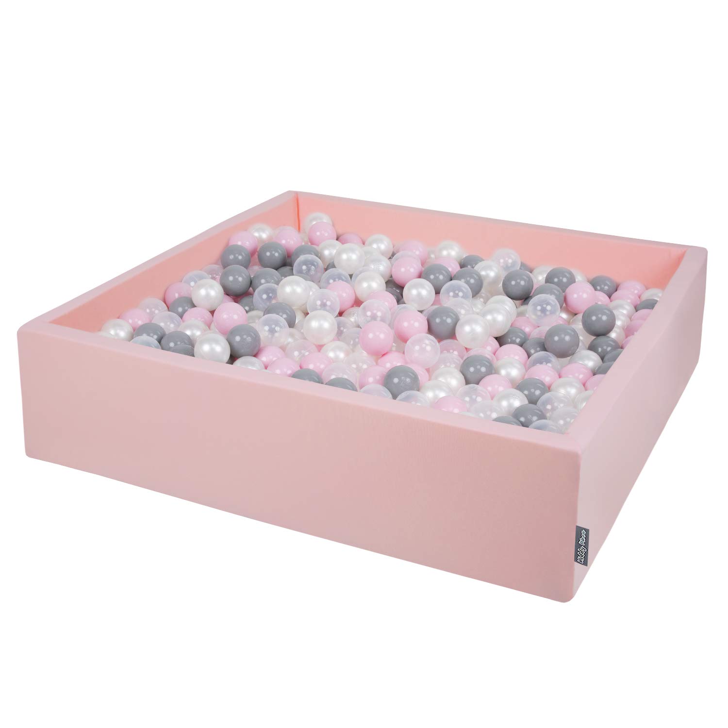 KiddyMoon Soft Ball Pit Square 120X30cm/300 Balls ∅ 7Cm / 2.75In For Kids, Foam Ball Pool Baby Playballs Children, Made In EU, Pink:Pearl-Grey-Transparent-Powder Pink
