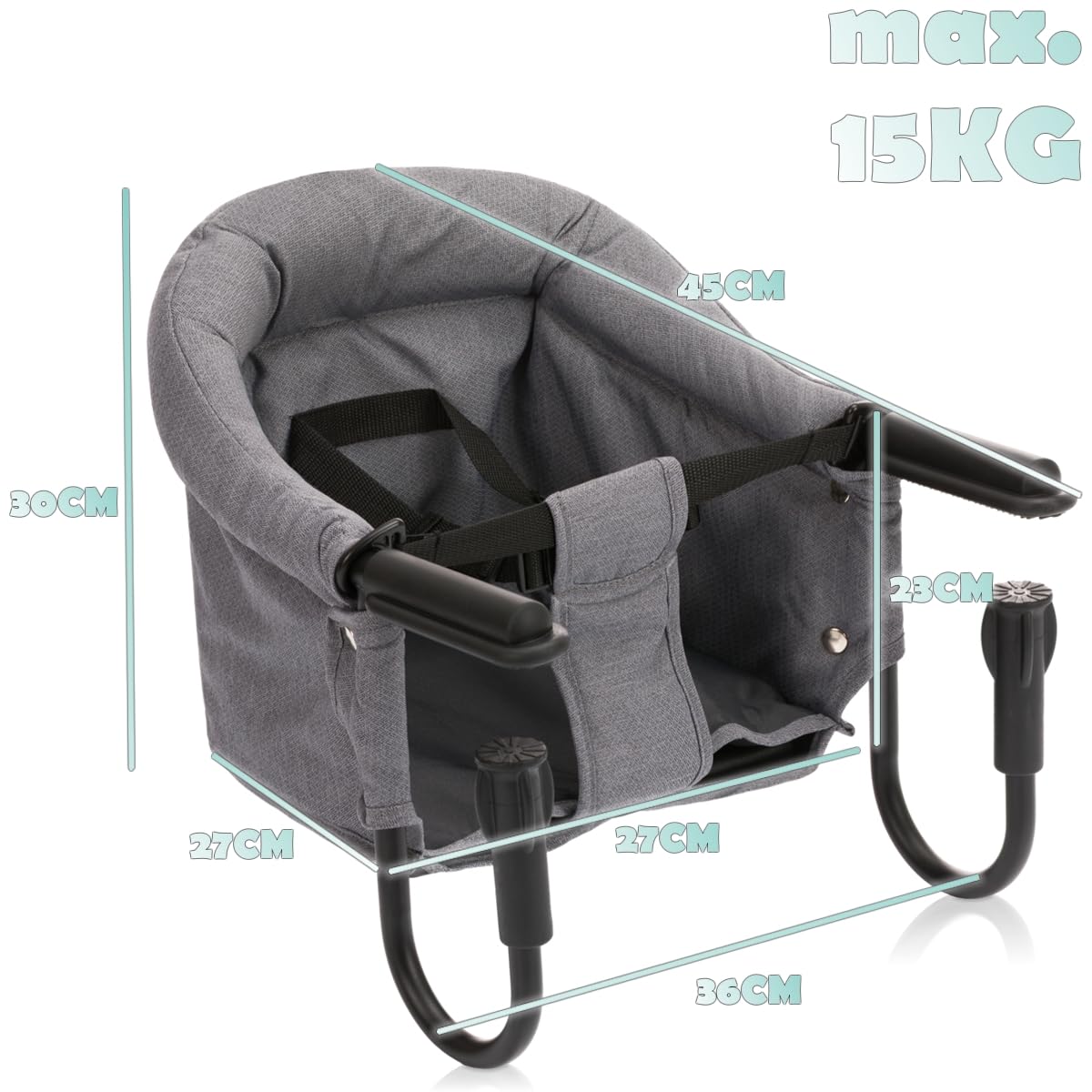 Faltbarer Tischsitz Baby Stuhlsitz mit Transporttasche für Tischplatten bis 8,5 cm praktisch für Zuhause und Unterwegs (Grau)