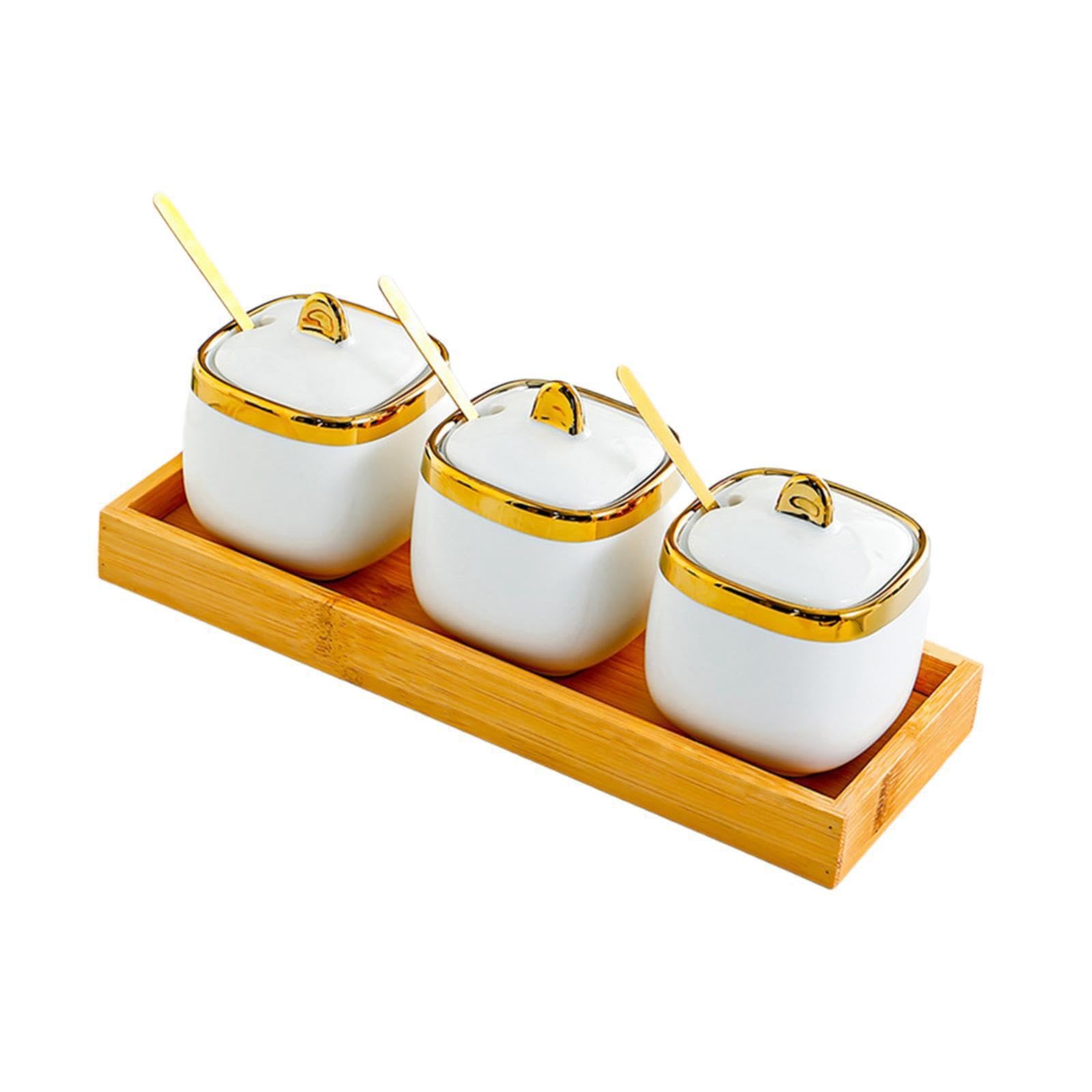 PIXZCSA Chic Spice Container Pot Set Featuring Lids Spoons Beautifully Crafted With Ceramic To Kitchen Style Crafted Ceramic And Wooden Seasoning Box Set For