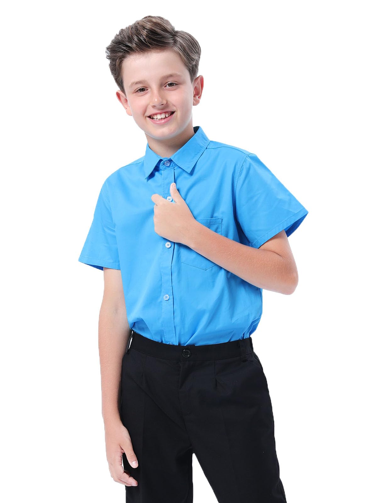 mintgreen Camisa De Escolar Color Sólido Manga Corta Botón para Niño, 7-14 Años