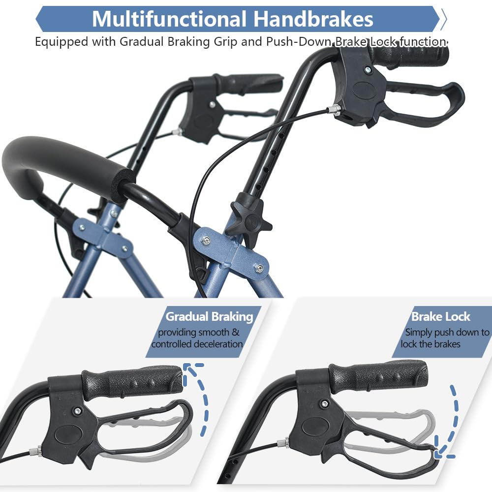Andador plegable con asiento acolchado, frenos bloqueables, mango regulable en altura, 4 ruedas