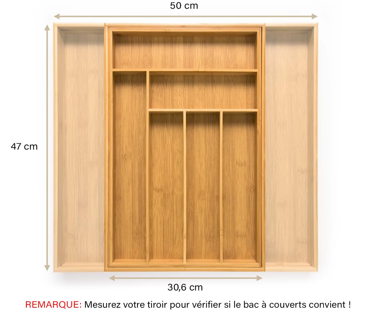 budu Range-couverts #47 (profondeur 47 cm) en bambou – Système de rangement de tiroirs pour la cuisine – Range-couverts pour tiroirs en bambou – Extensible – Organiseur de cuisine…