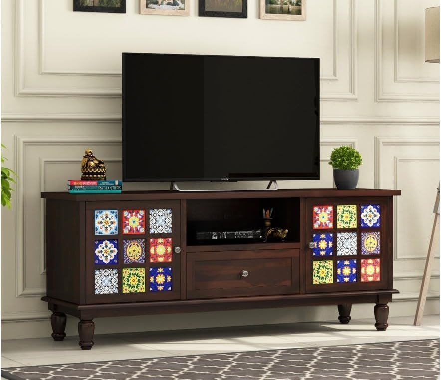 solid sheesham wood tv unit 1 drawer 2 door cabinet natural teak finish colour brown 2 year warranty (walnut)