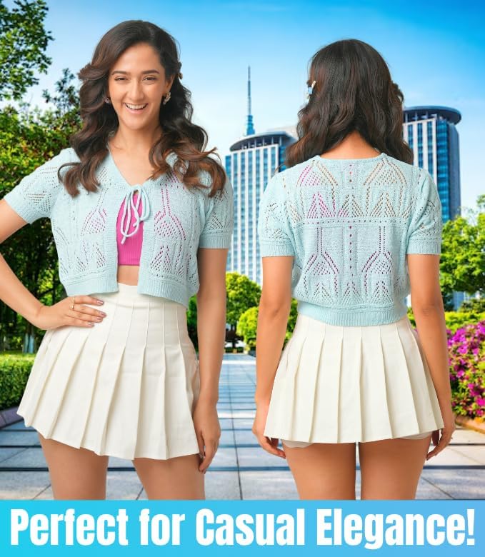 Women’s Crochet Cardigan Small Size | Light Weight Short Sleeve Cardigan for Women | Beautiful Aqua Color with Viscose & Nylon Fabric Blend | Front Bow Tie Closure for Casual Wear & More - Image 5