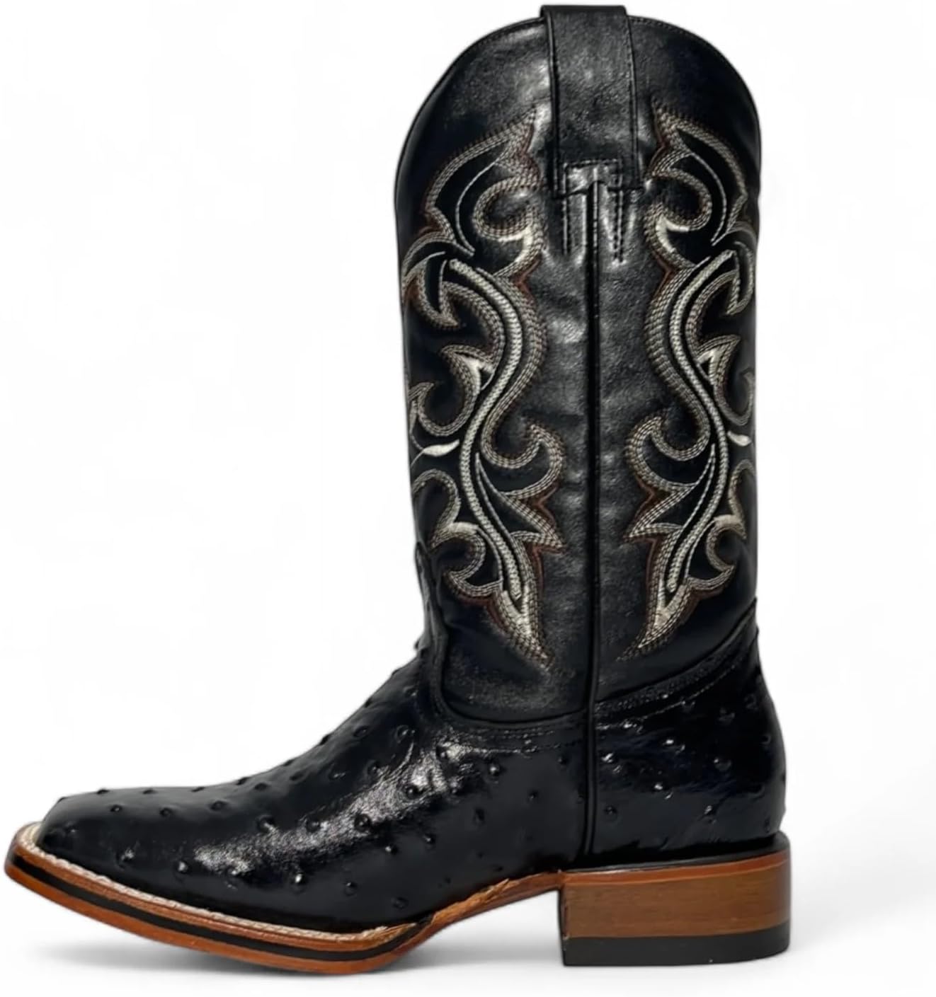 Men’s Genuine Leather Exotic Full Quill Ostrich Print Square Toe Cowboy Western Boots - Black