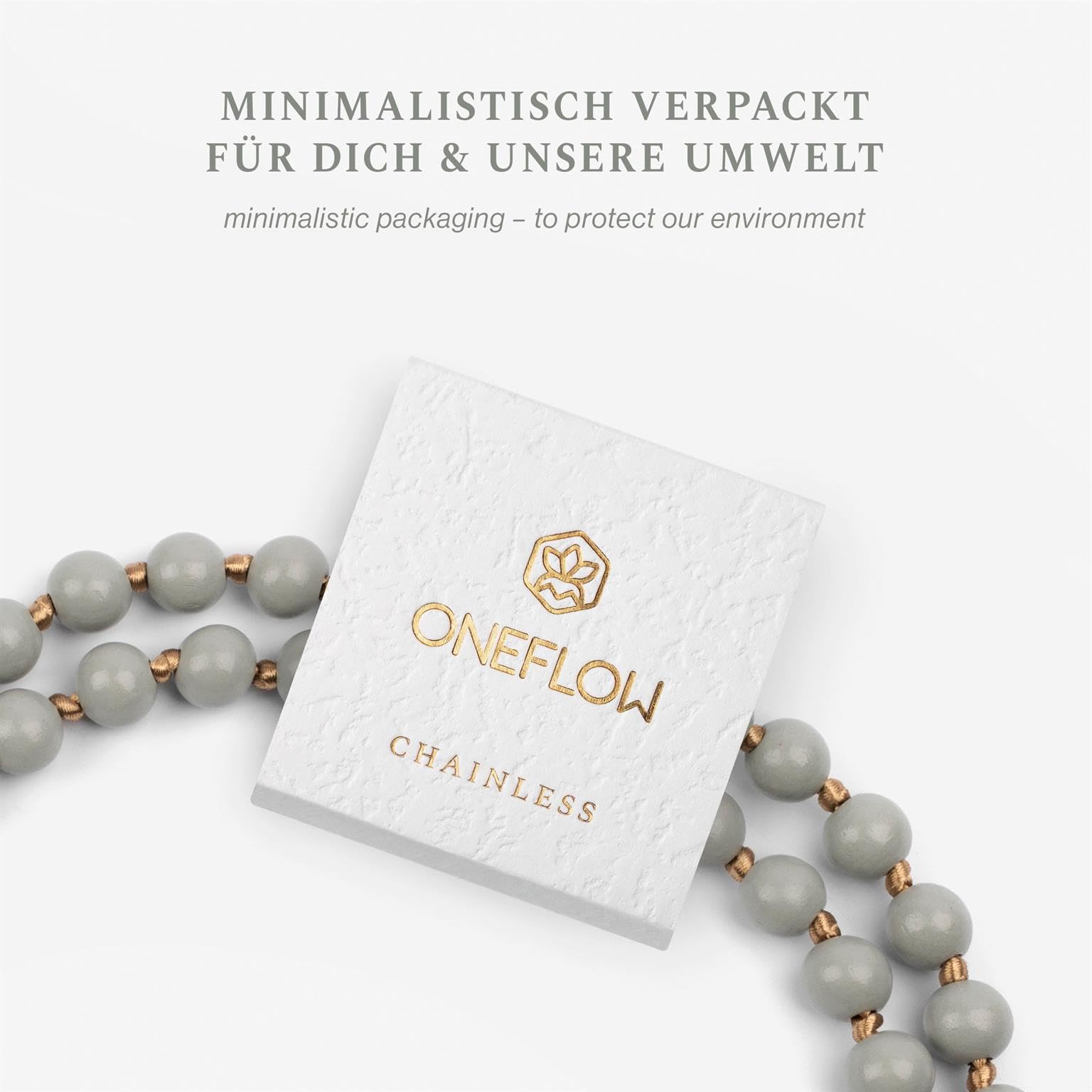 ONEFLOW Holzperlen Handykette Universal zum Umhängen, Abnehmbar mit Karabiner, Handyband für Hüllen für alle Smartphones, Perlen Holz Kette ohne Handyhülle, Chainless Terra Chain, Grau