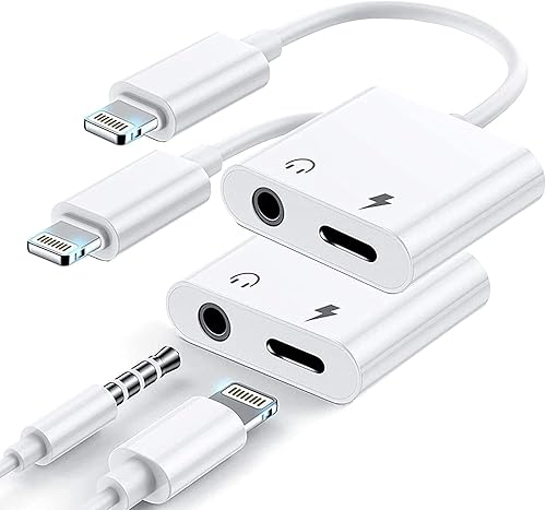 Paquete de 2 adaptadores de auriculares para iPhone, 2 en 1, Lightning a 0.138 in, audio auxiliar + adaptador de conector de cargador para iPhone