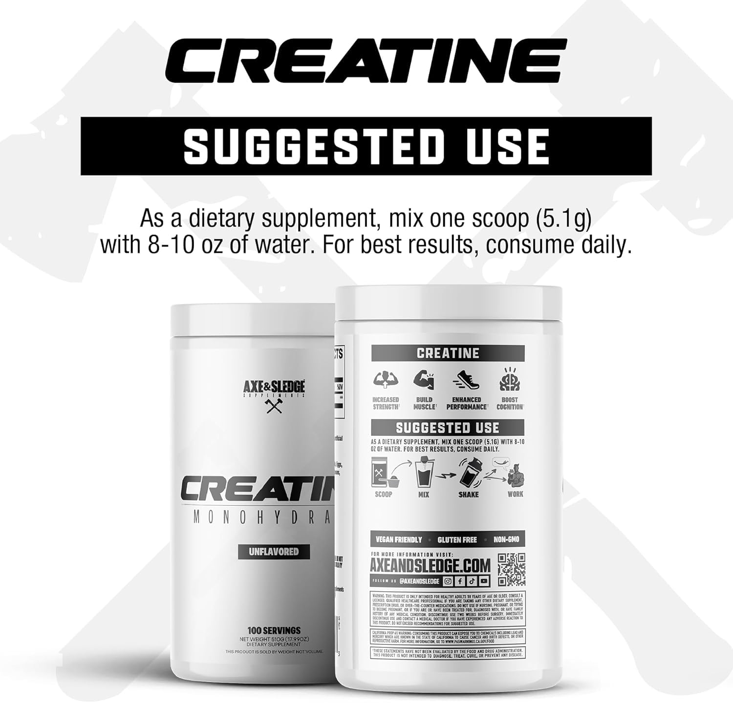 Axe & Sledge Basics Creatine | Unflavored, Enhances Strength & Performance, Increases Lean Body Mass, 50 Servings | Pure Creatine Monohydrate, No Fillers or Artificial Substances | 100 Servings — Amazon image 4