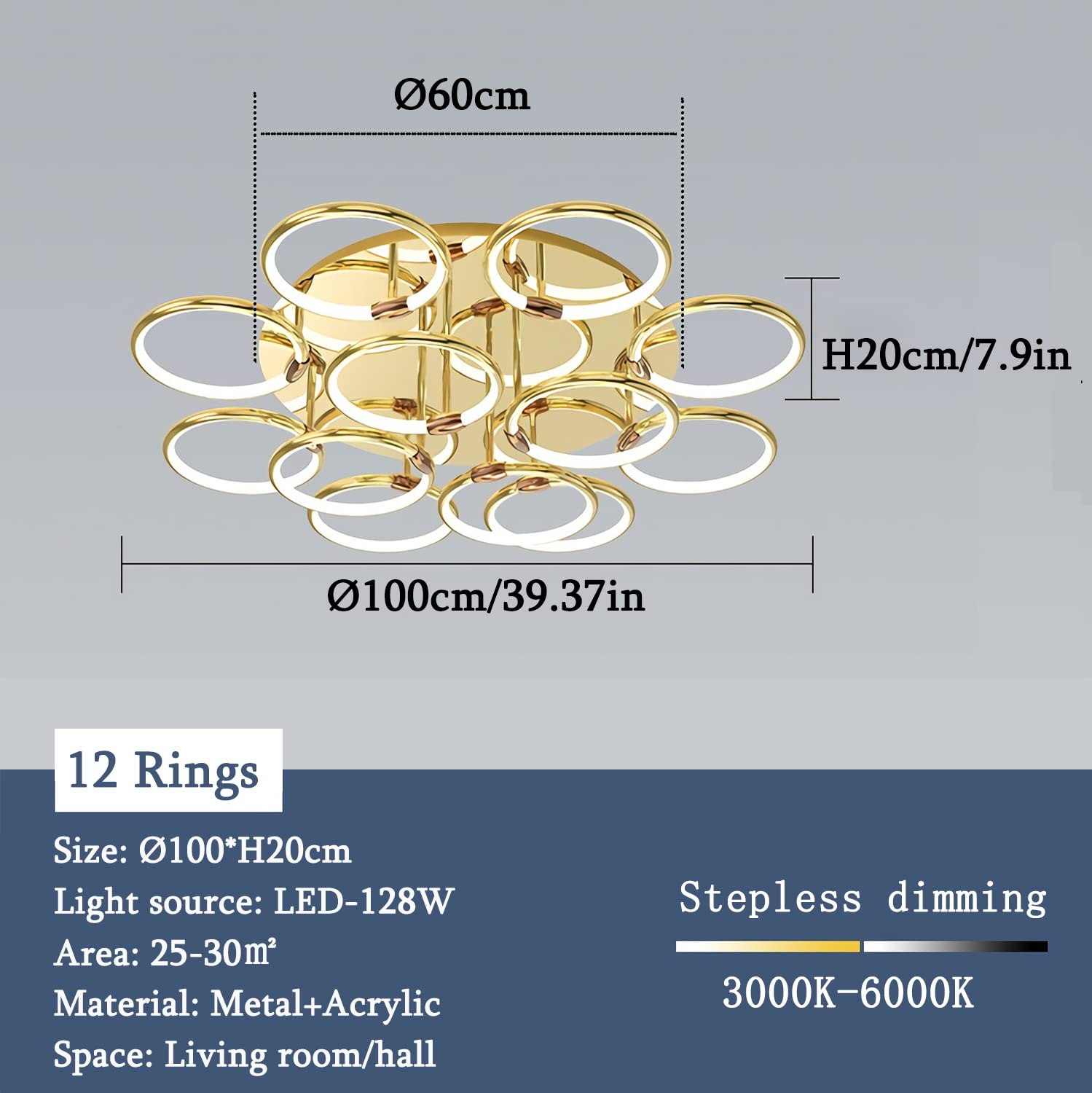 45W Moderne LED Lampe De Plafond Anneau Doré Dimmable Avec Télécommande